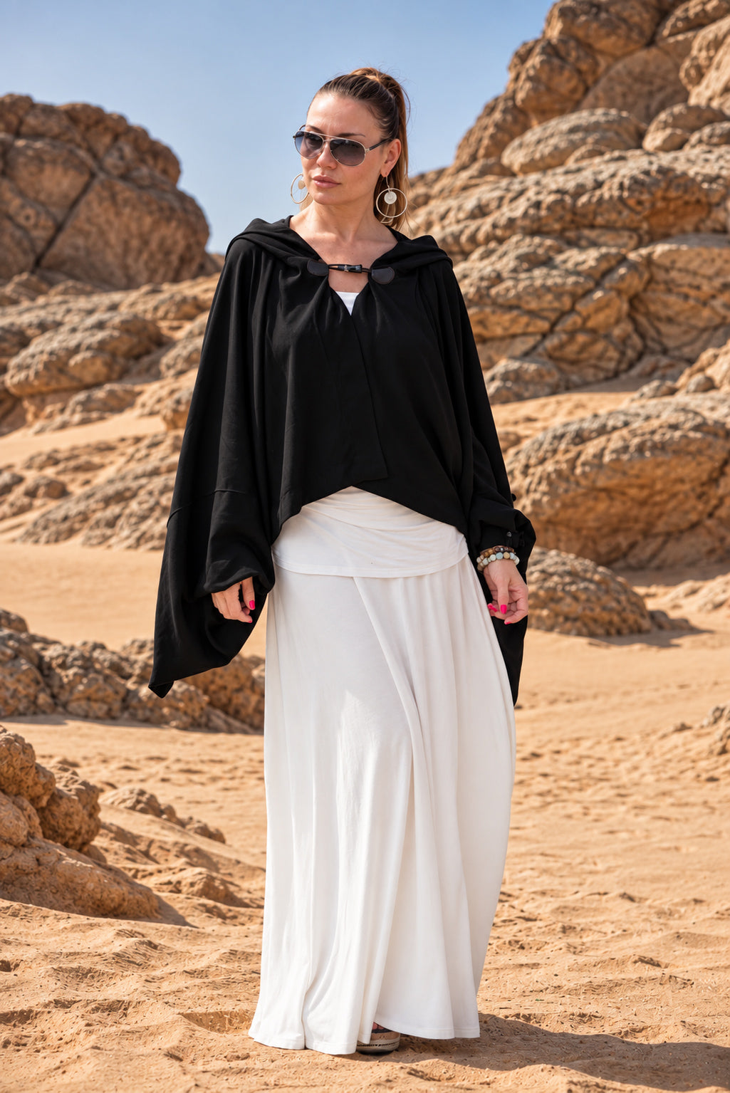 Black short cotton viscose bolero with matching hood and very wide sleeves - lightweight cape, Anastasia | EUG Fashion #black
