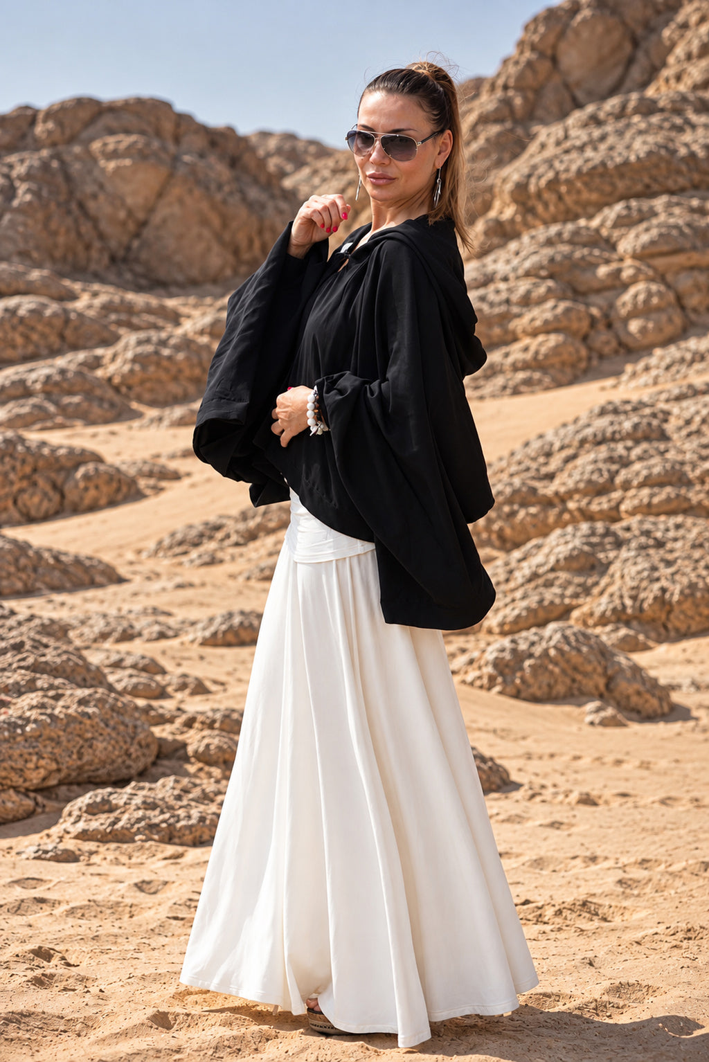 Black short cotton viscose bolero with matching hood and very wide sleeves - lightweight cape, Anastasia | EUG Fashion #black
