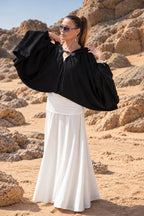 Black short cotton viscose bolero with matching hood and very wide sleeves - lightweight cape, Anastasia | EUG Fashion #black
