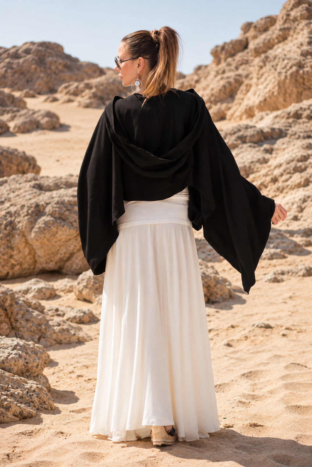 Black short cotton viscose bolero with matching hood and very wide sleeves - lightweight cape, Anastasia | EUG Fashion #black
