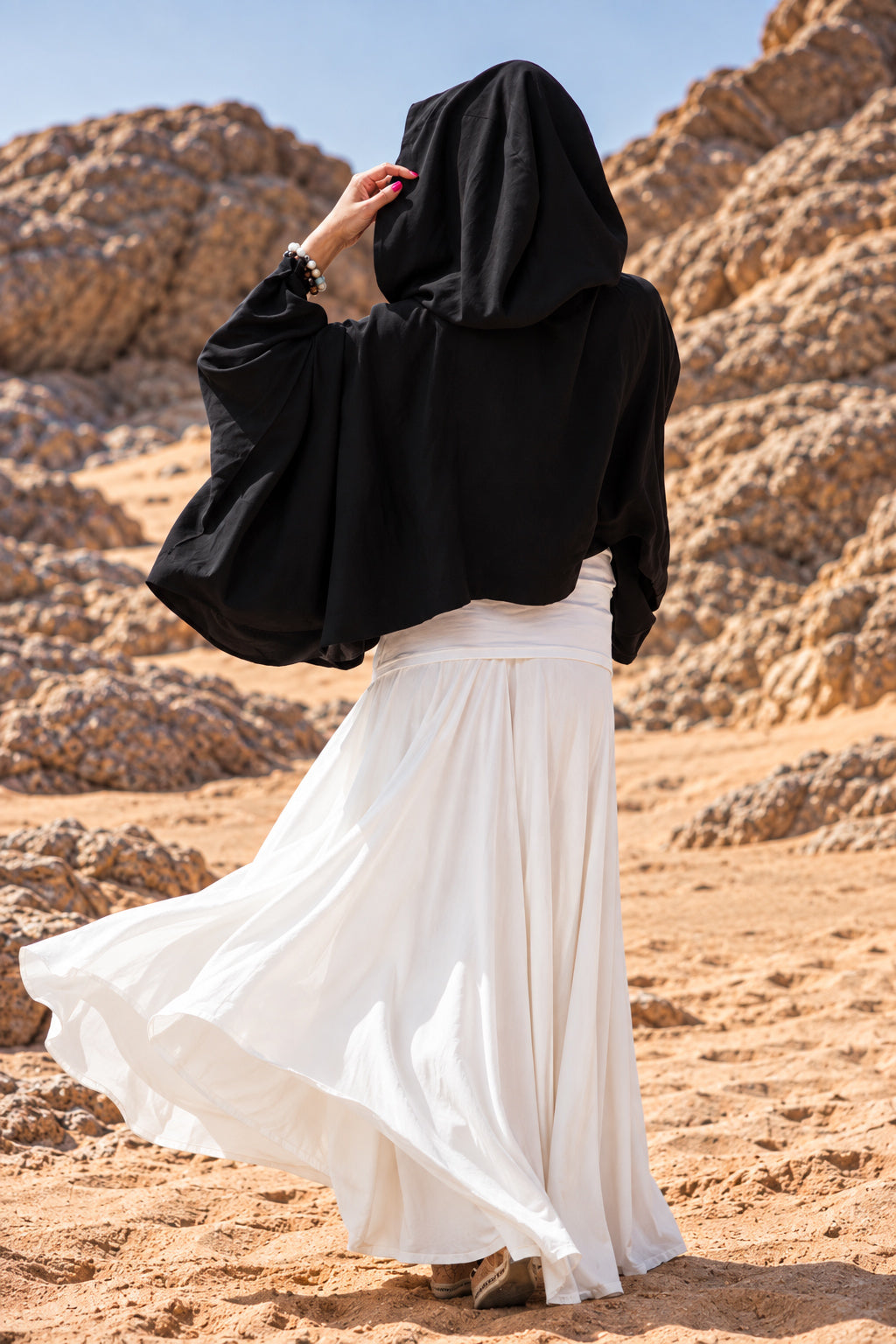 Black short cotton viscose bolero with matching hood and very wide sleeves - lightweight cape, Anastasia | EUG Fashion #black
