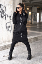 Black cotton tracksuit with oversized hoodie and harem trousers - relaxed comfortable fit, Megan | EUG Fashion #black