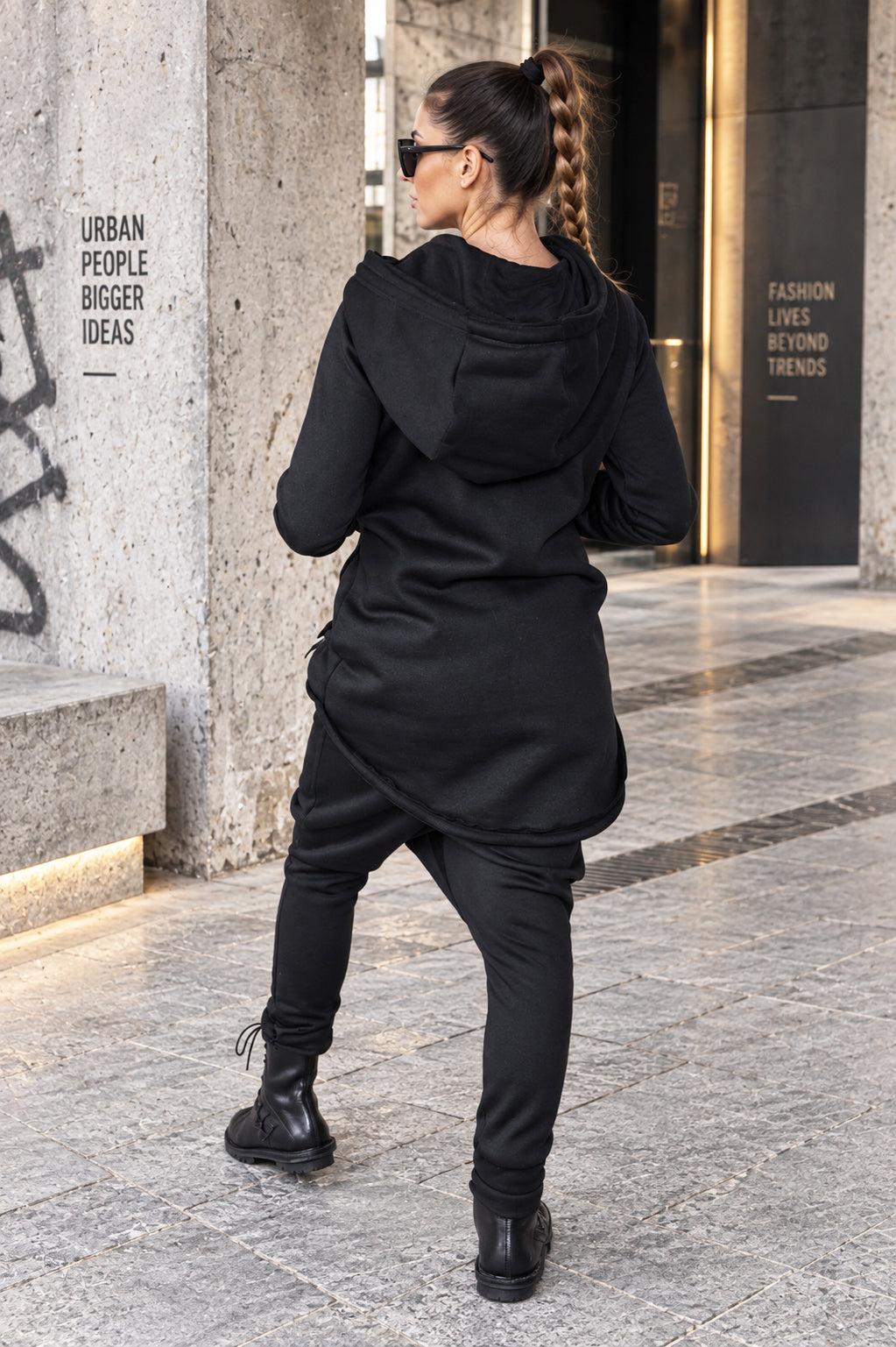 Black cotton tracksuit with oversized hoodie and harem trousers - relaxed comfortable fit, Megan | EUG Fashion #black