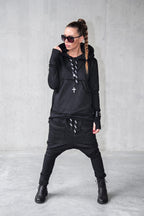 Black cotton tracksuit with oversized hoodie and harem trousers - relaxed comfortable fit, Megan | EUG Fashion #black
