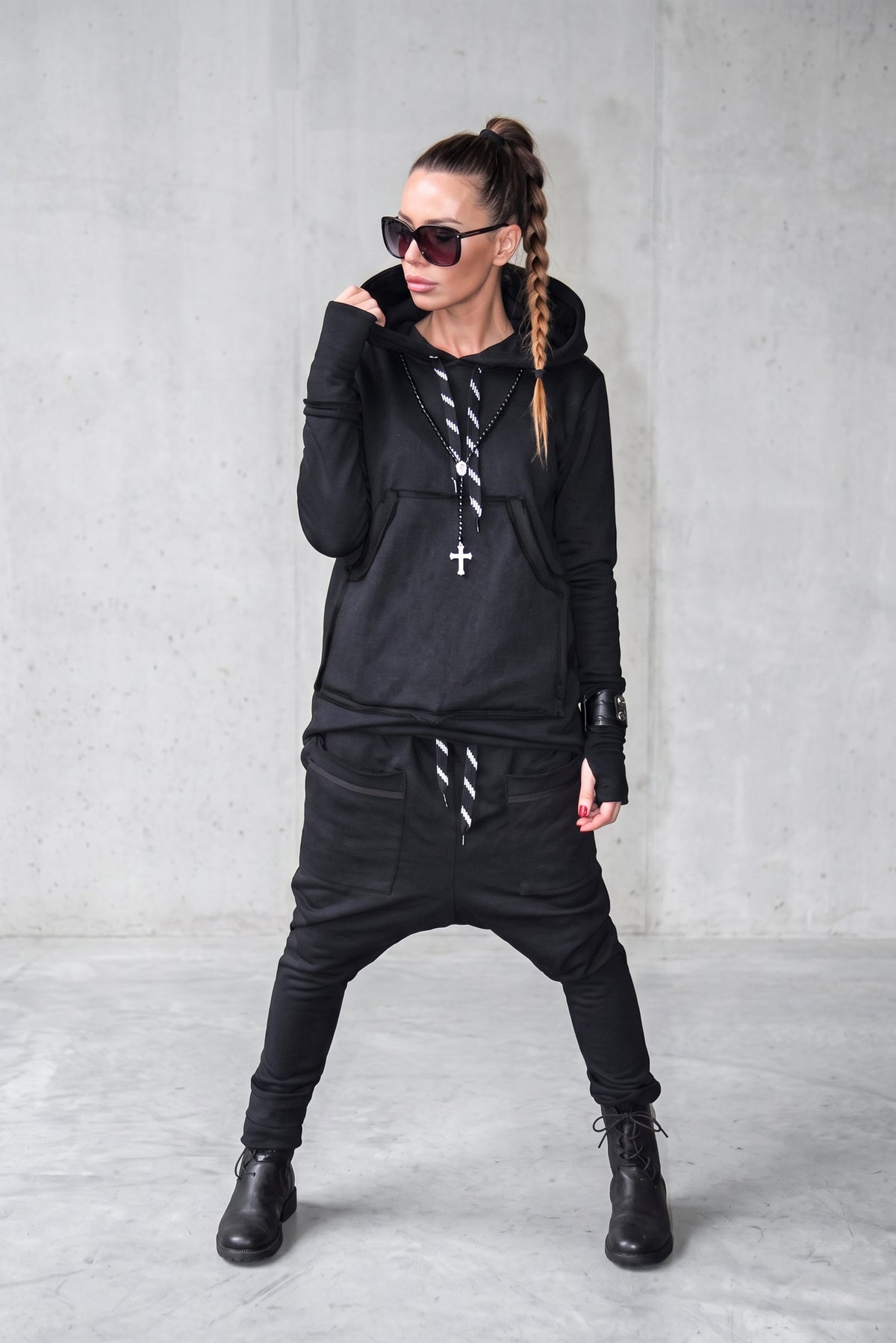 Black cotton tracksuit with oversized hoodie and harem trousers - relaxed comfortable fit, Megan | EUG Fashion #black