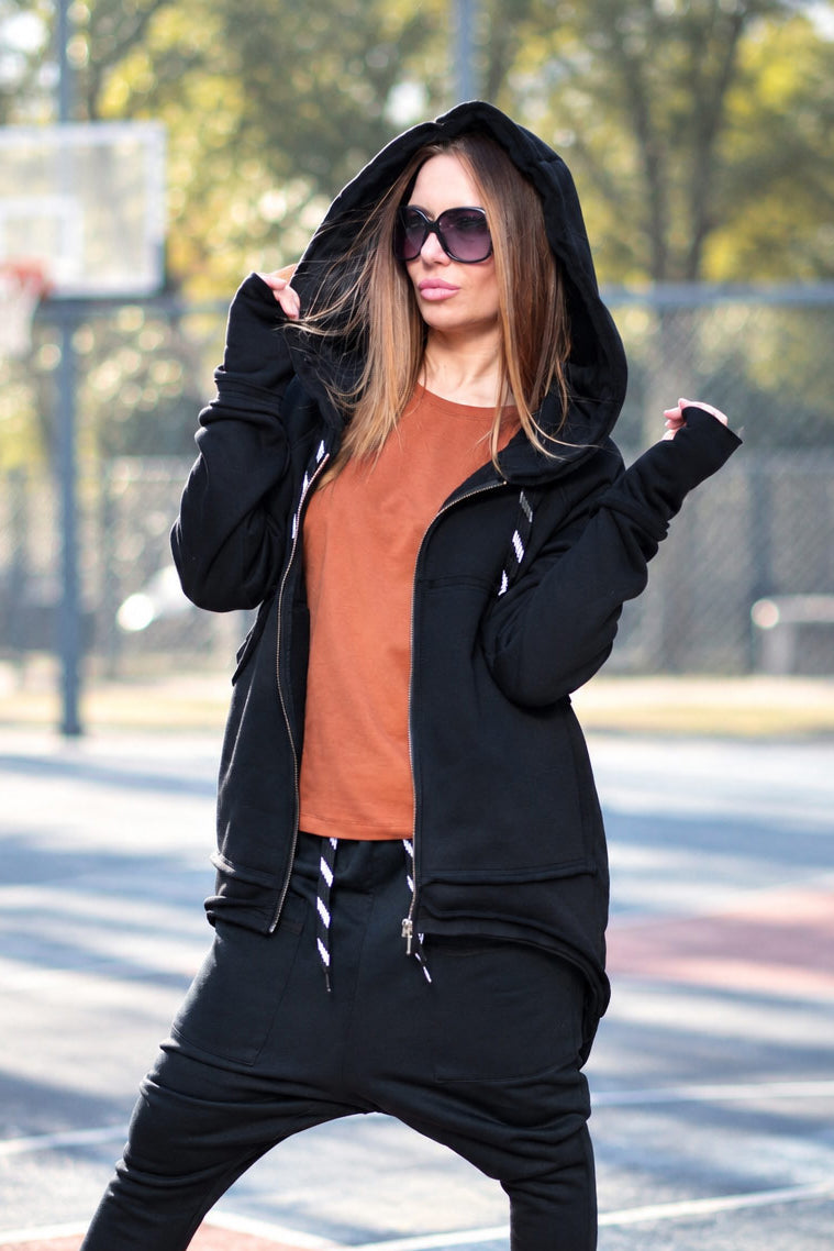 Black cotton fleece zip-up hoodie - oversized fit and roomy hood, Mell | EUG Fashion #black