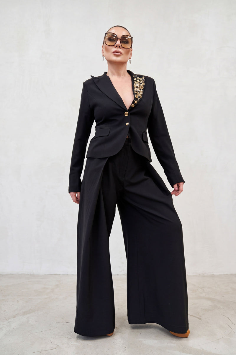 Black cold wool statement blazer with decorative button lapel - tailored silhouette, Casidy | EUG Fashion #black