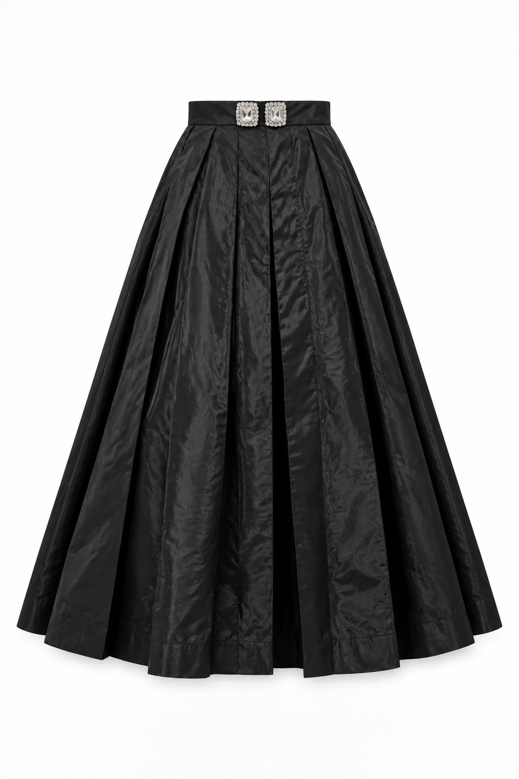 Black taffeta skirt - ankle-length pleats, statement waistband brooches, mid-rise waist, Alena | EUG Fashion #black