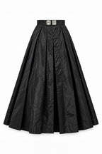 Black taffeta skirt - ankle-length pleats, statement waistband brooches, mid-rise waist, Alena | EUG Fashion #black
