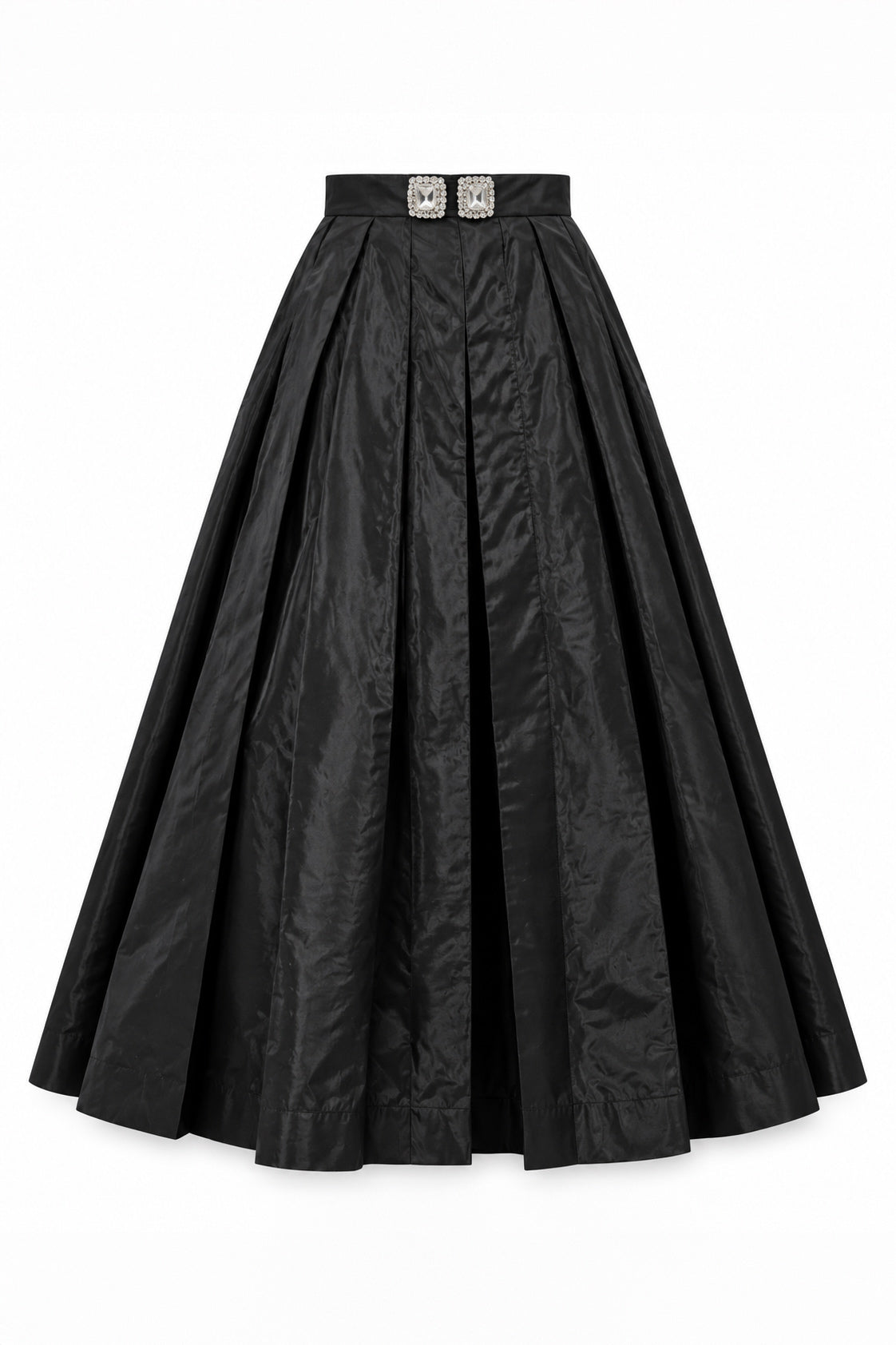 Black taffeta skirt - ankle-length pleats, statement waistband brooches, mid-rise waist, Alena | EUG Fashion #black