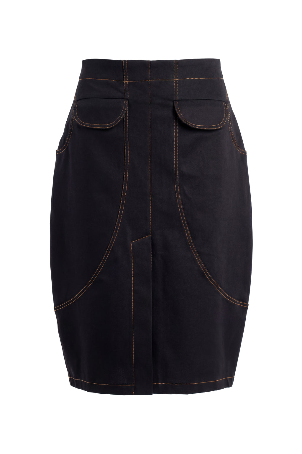Black denim barrel skirt Huanita with topstitching front pockets and back slit - EUG Fashion #black
