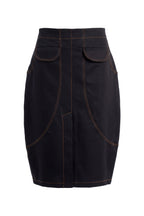 Black denim barrel skirt Huanita with topstitching front pockets and back slit - EUG Fashion #black
