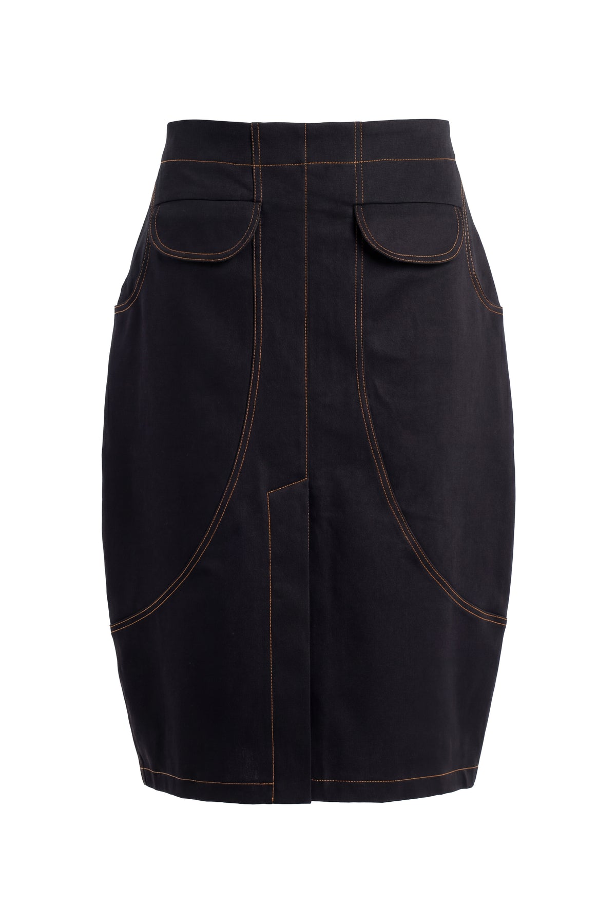 Black denim barrel skirt Huanita with topstitching front pockets and back slit - EUG Fashion #black
