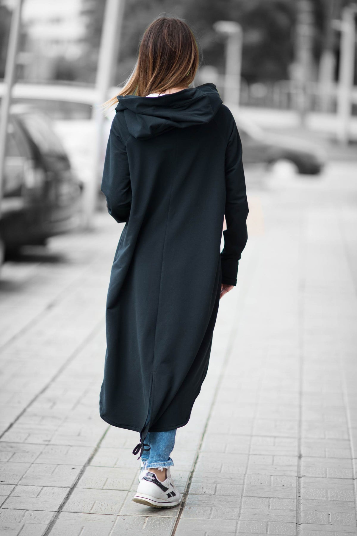 Black cotton terry long zip-up sweatshirt - large hood, adjustable drawstring hem and back slit, Madison | EUG Fashion #black