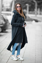 Black cotton terry long zip-up sweatshirt - large hood, adjustable drawstring hem and back slit, Madison | EUG Fashion #black