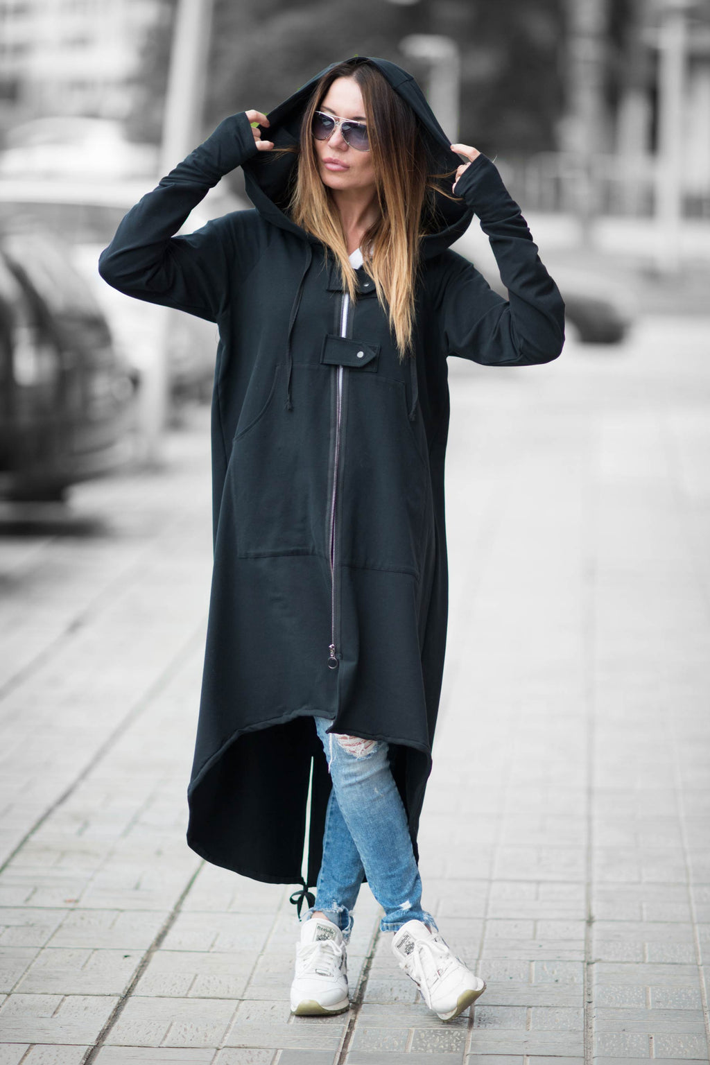 Black cotton terry long zip-up sweatshirt - large hood, adjustable drawstring hem and back slit, Madison | EUG Fashion #black