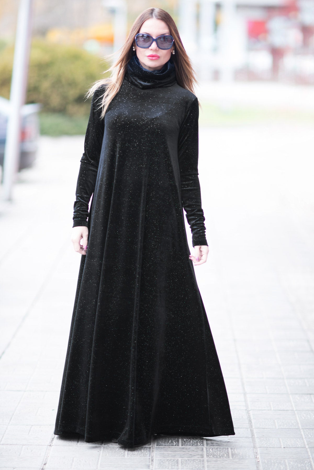 Turtleneck black velvet dress VIVIAN EugFashion 