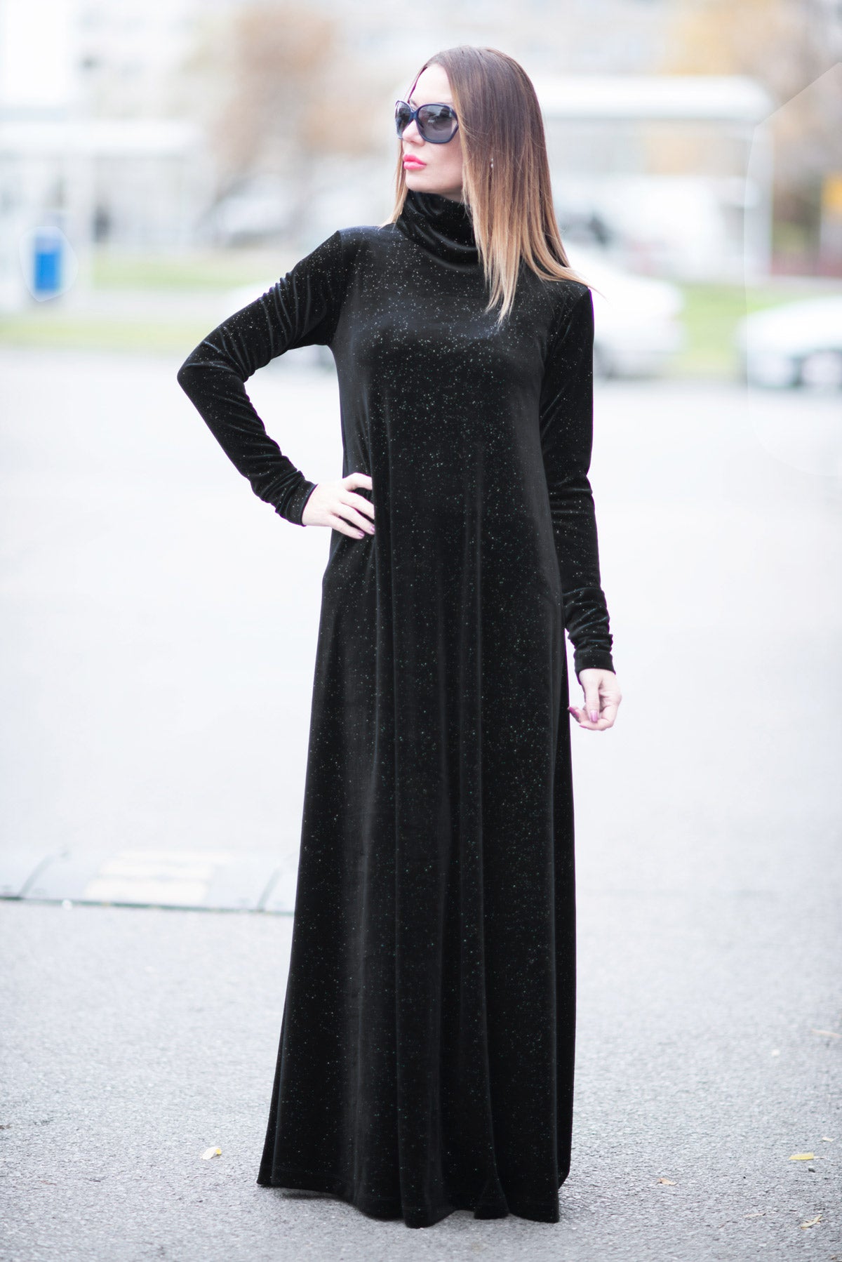 Turtleneck black velvet dress VIVIAN EugFashion 