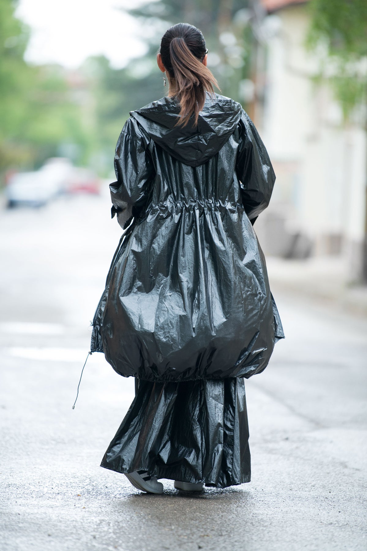 Black crinkle polyester windbreaker EUGF hooded balloon silhouette - EUG Fashion #black

