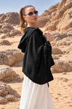 Black short cotton viscose bolero with matching hood and very wide sleeves - lightweight cape, Anastasia | EUG Fashion #black
