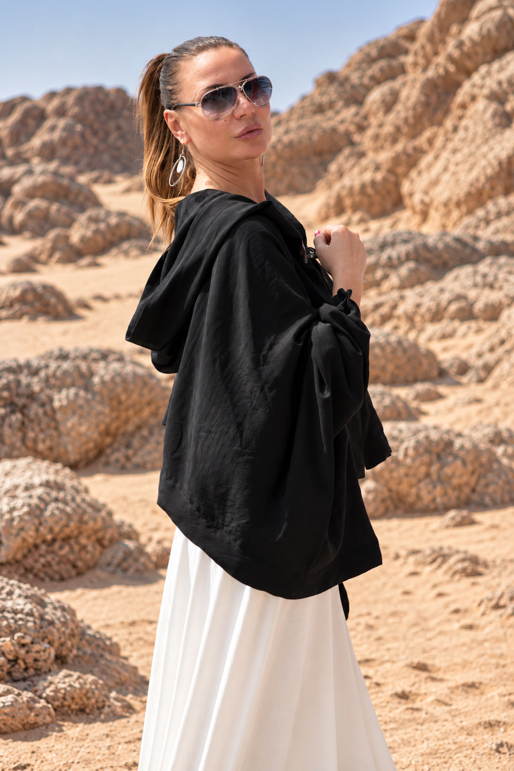 Black short cotton viscose bolero with matching hood and very wide sleeves - lightweight cape, Anastasia | EUG Fashion #black
