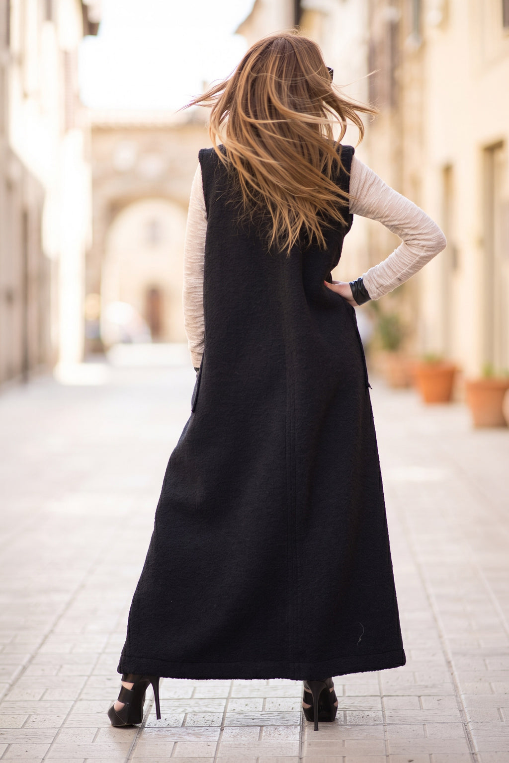 Black long sleeveless wool-feel vest with single-button closure - warm layering piece, Irene | EUG Fashion #black
