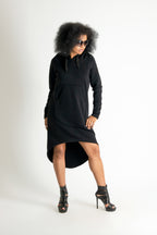 Black cotton fleece hooded dress - asymmetric cut and spacious front pocket, Taylor | EUG Fashion #black