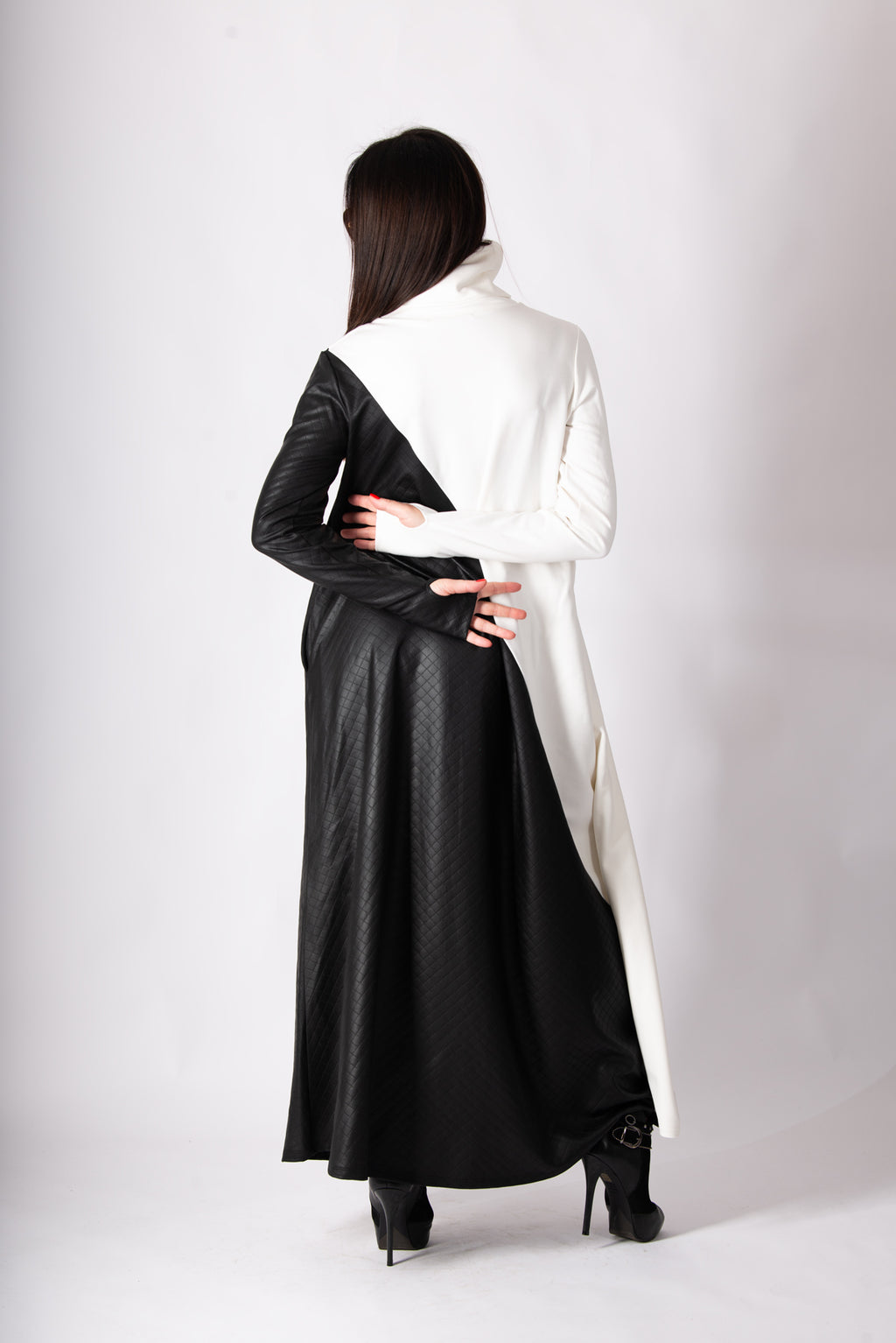 Black and white leather-look punto milano A-line dress Vivian - EUG Fashion 

