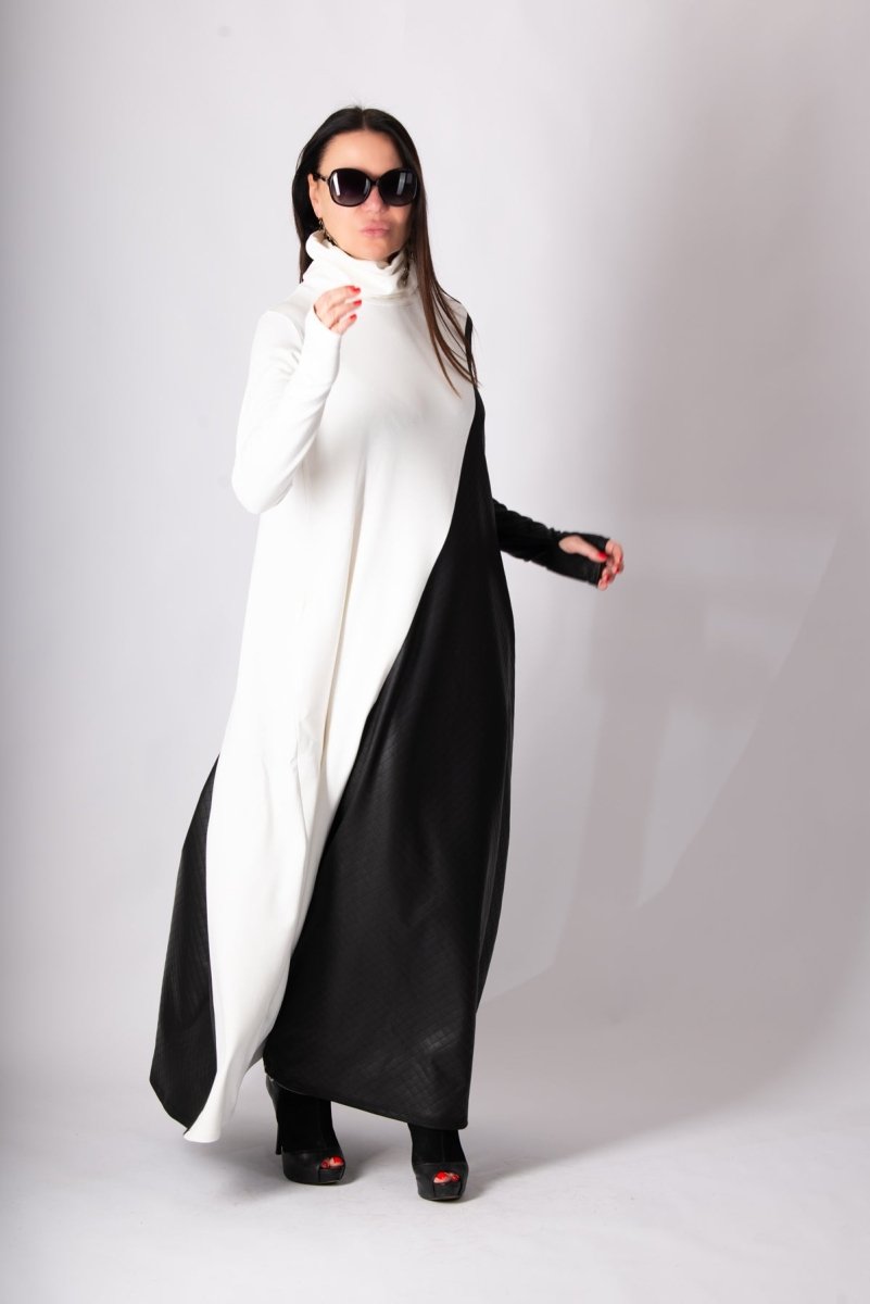 Black White Turtleneck Dress VIVIAN - EUG Fashion