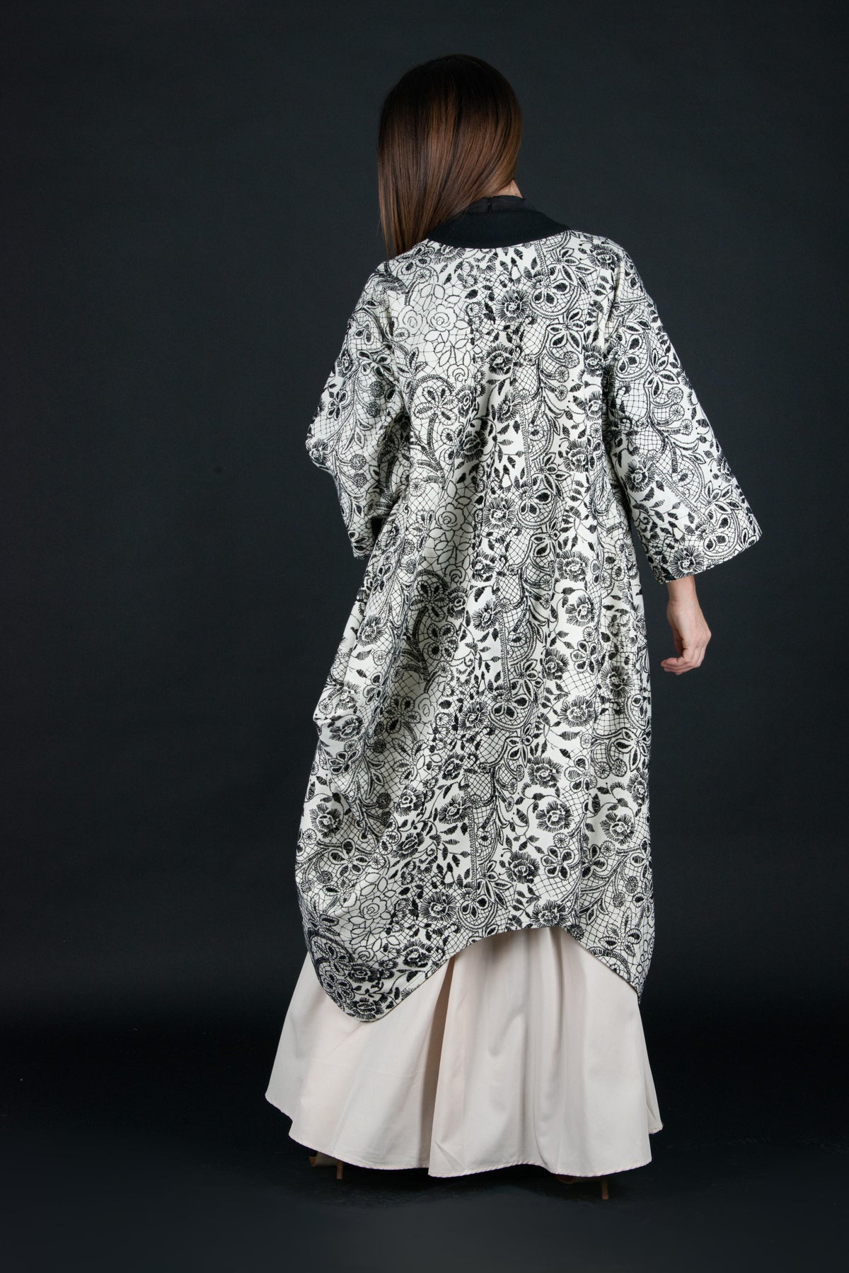 Off-white embroidered wool cape coat Cindy with black embroidery and belt - EUG Fashion #off-white
