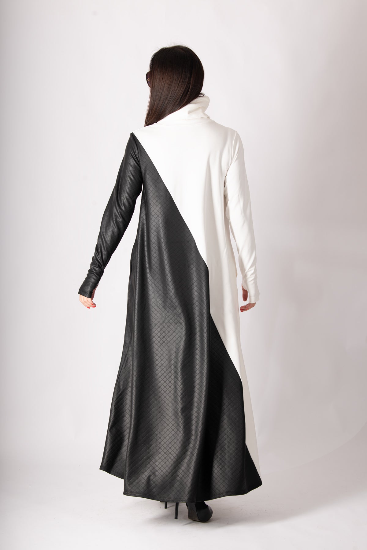 Black and white leather-look punto milano A-line dress Vivian - EUG Fashion 
