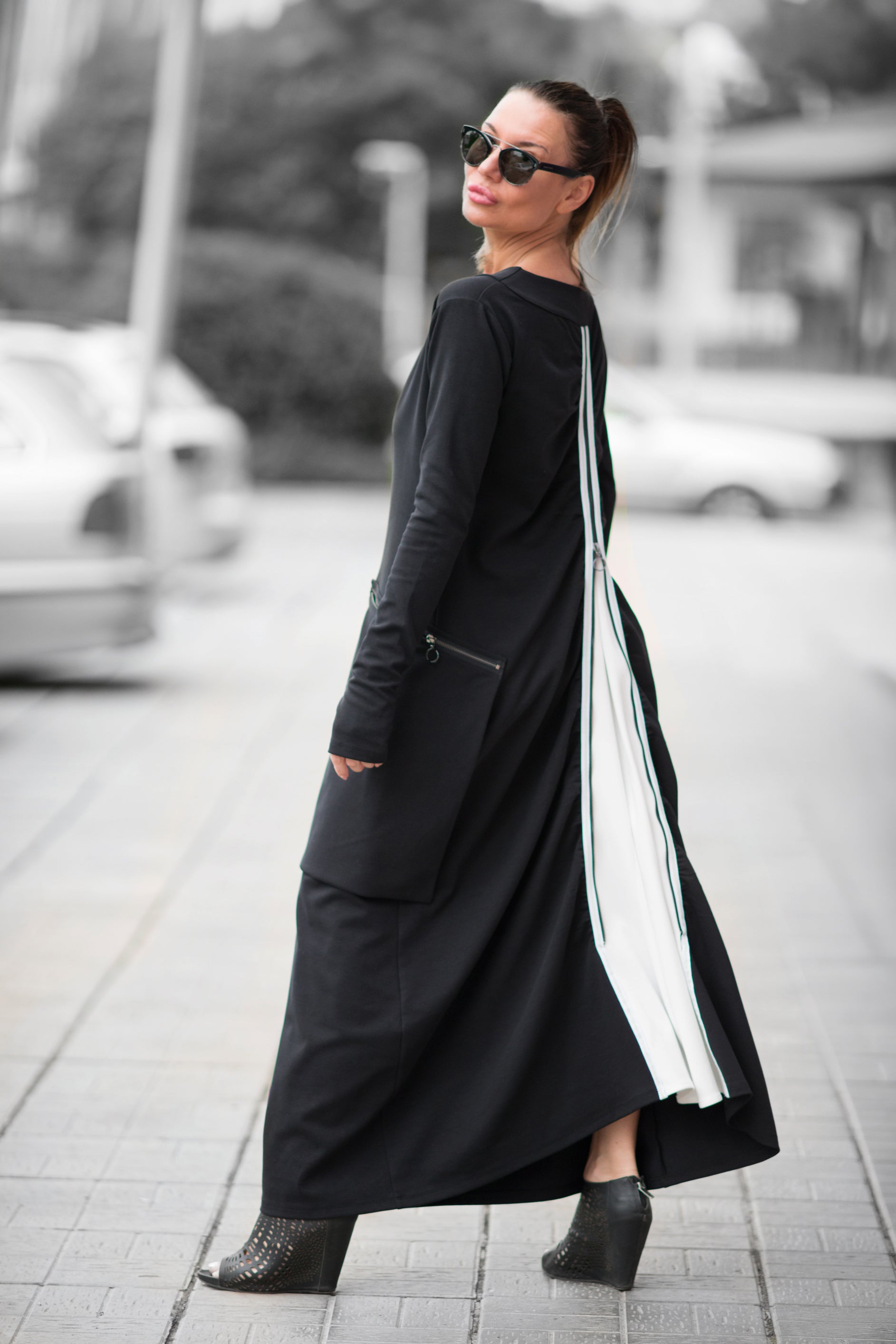 Black punto milano maxi dress Lara with white back panel - EUG Fashion #black
