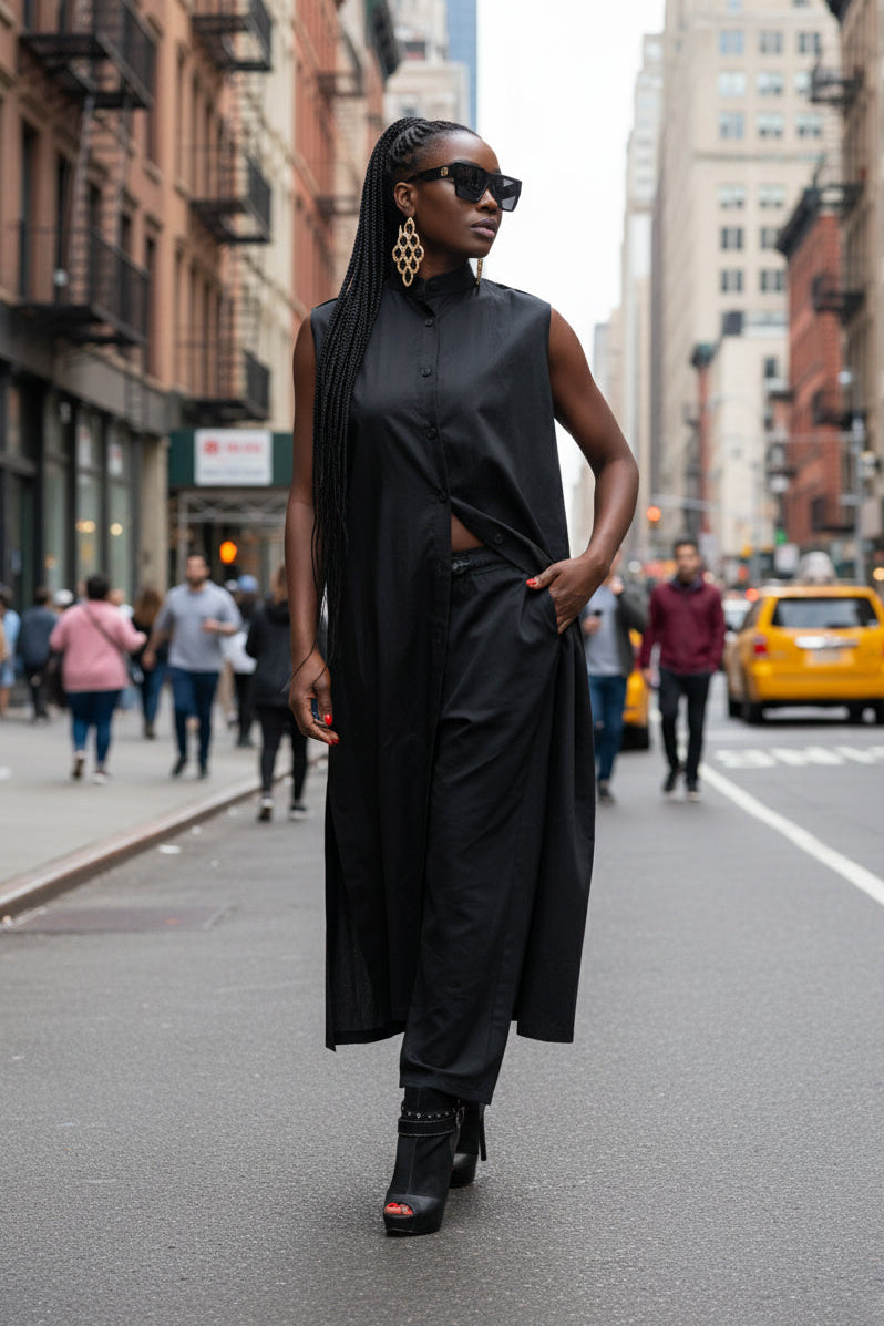 Woman in a black outfit walking on a city street