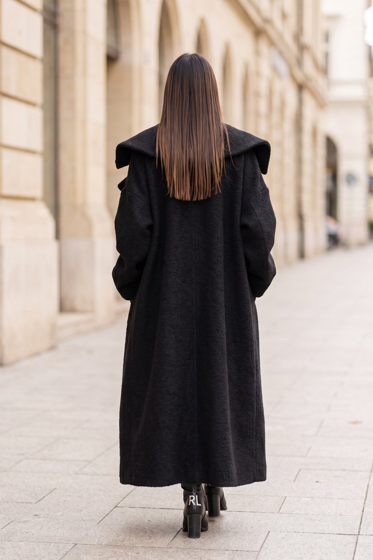 Black bouclé cape coat Siri with wide shawl collar - EUG Fashion #black
