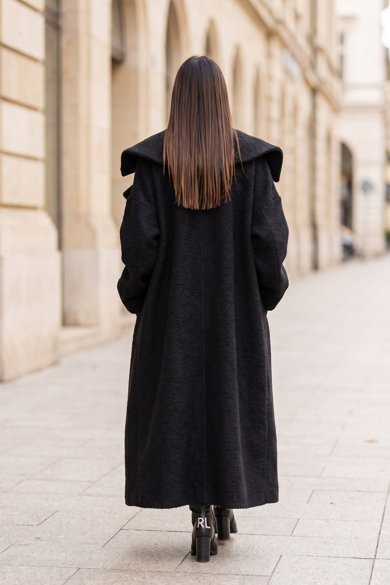 Black bouclé cape coat Siri with wide shawl collar - EUG Fashion #black
