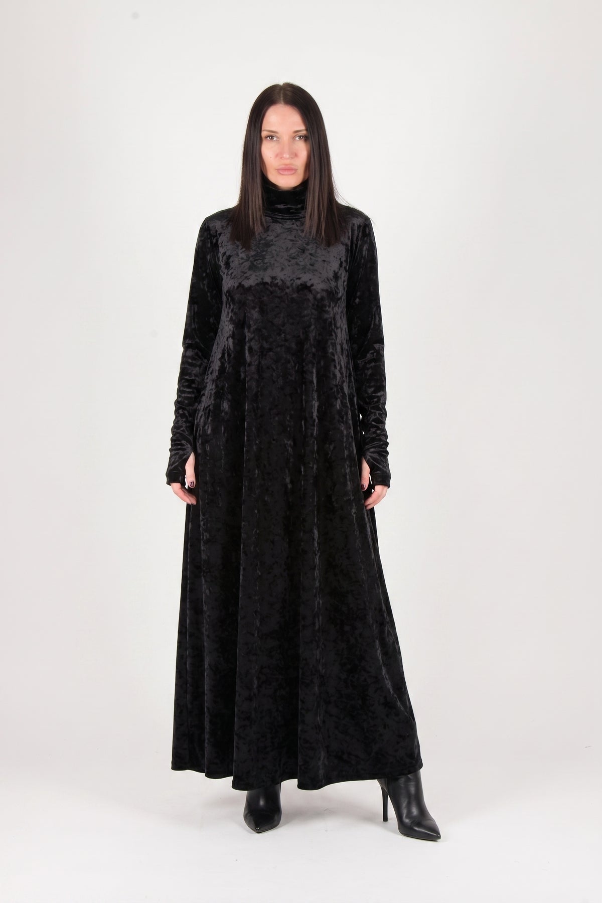 Black silk velvet turtleneck A-line dress Vivian - EUG Fashion #black
