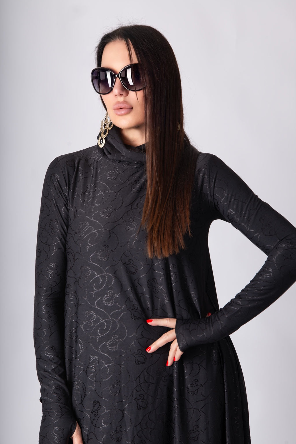 Black floral embroidered turtleneck maxi dress Veronica with silk threads - EUG Fashion #black
