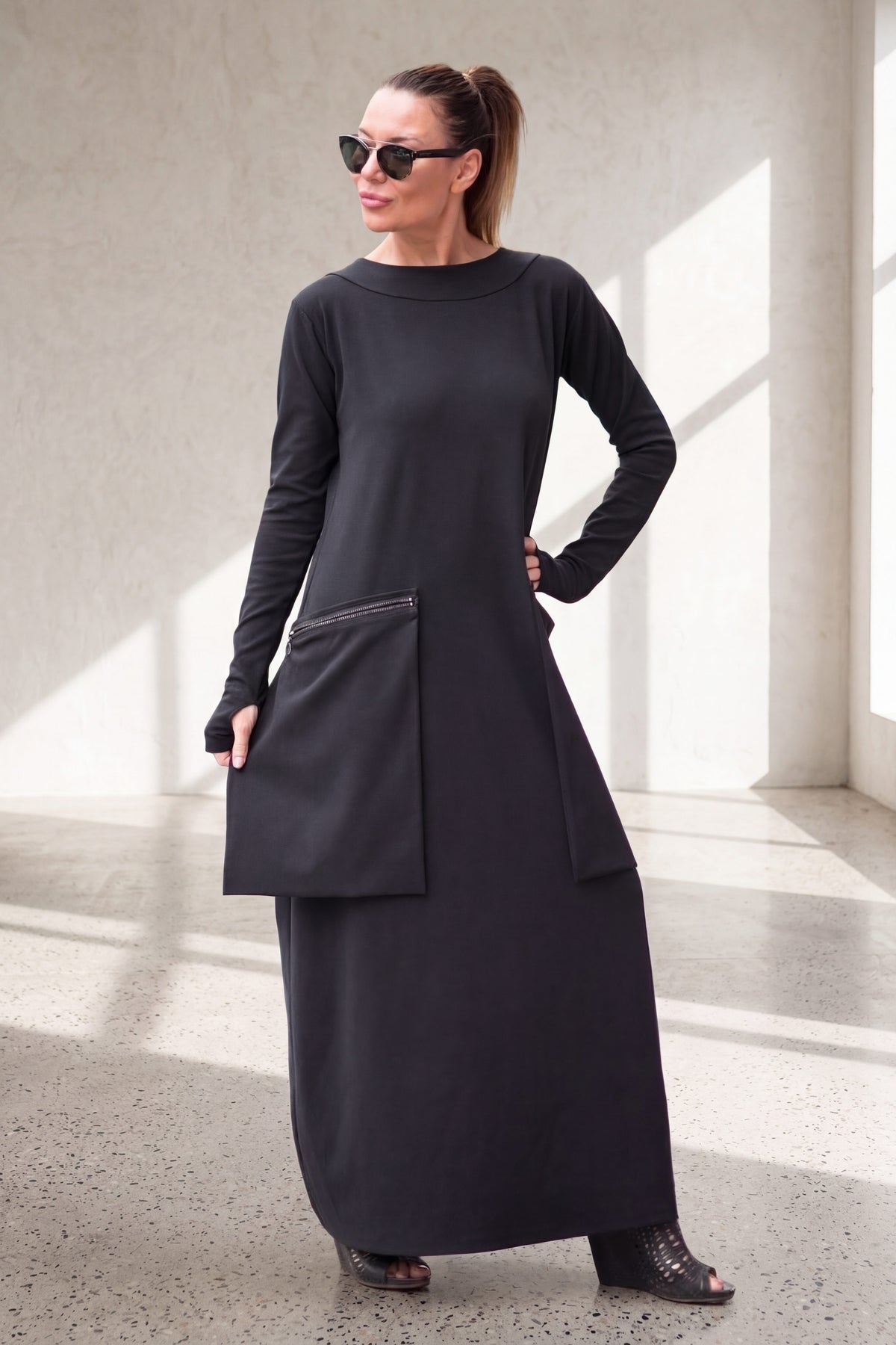 Black punto milano maxi dress Lara with white back panel - EUG Fashion #black