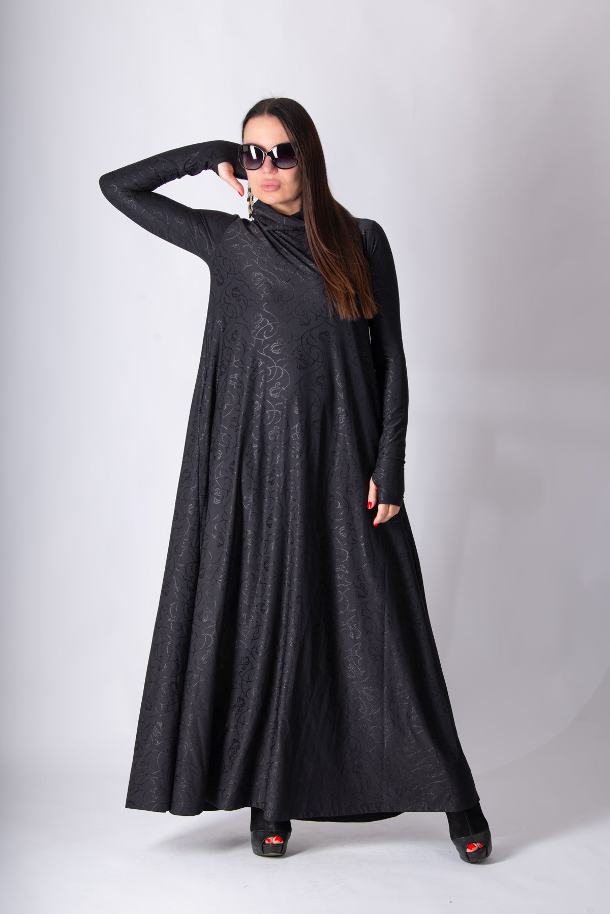 Black floral embroidered turtleneck maxi dress Veronica with silk threads - EUG Fashion #black
