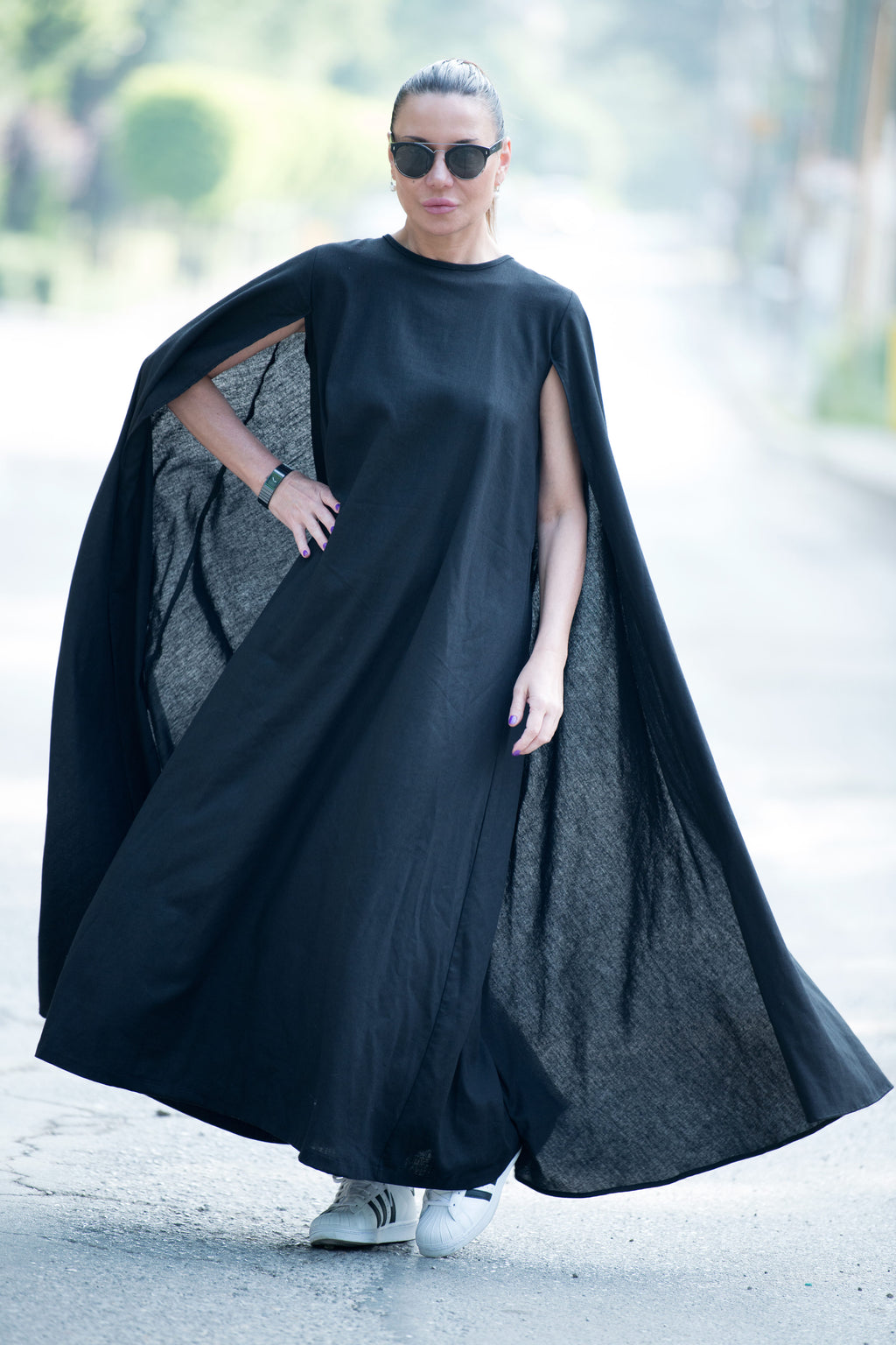 black linen cape dress - EUG fashion #black