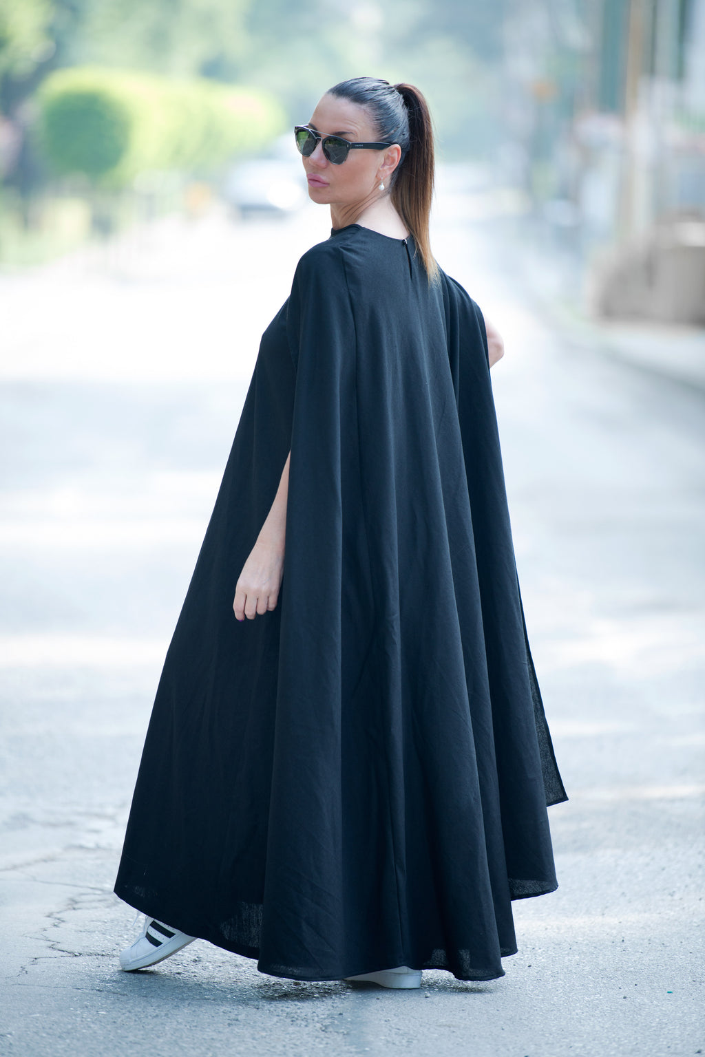 black linen cape dress - EUG fashion #black