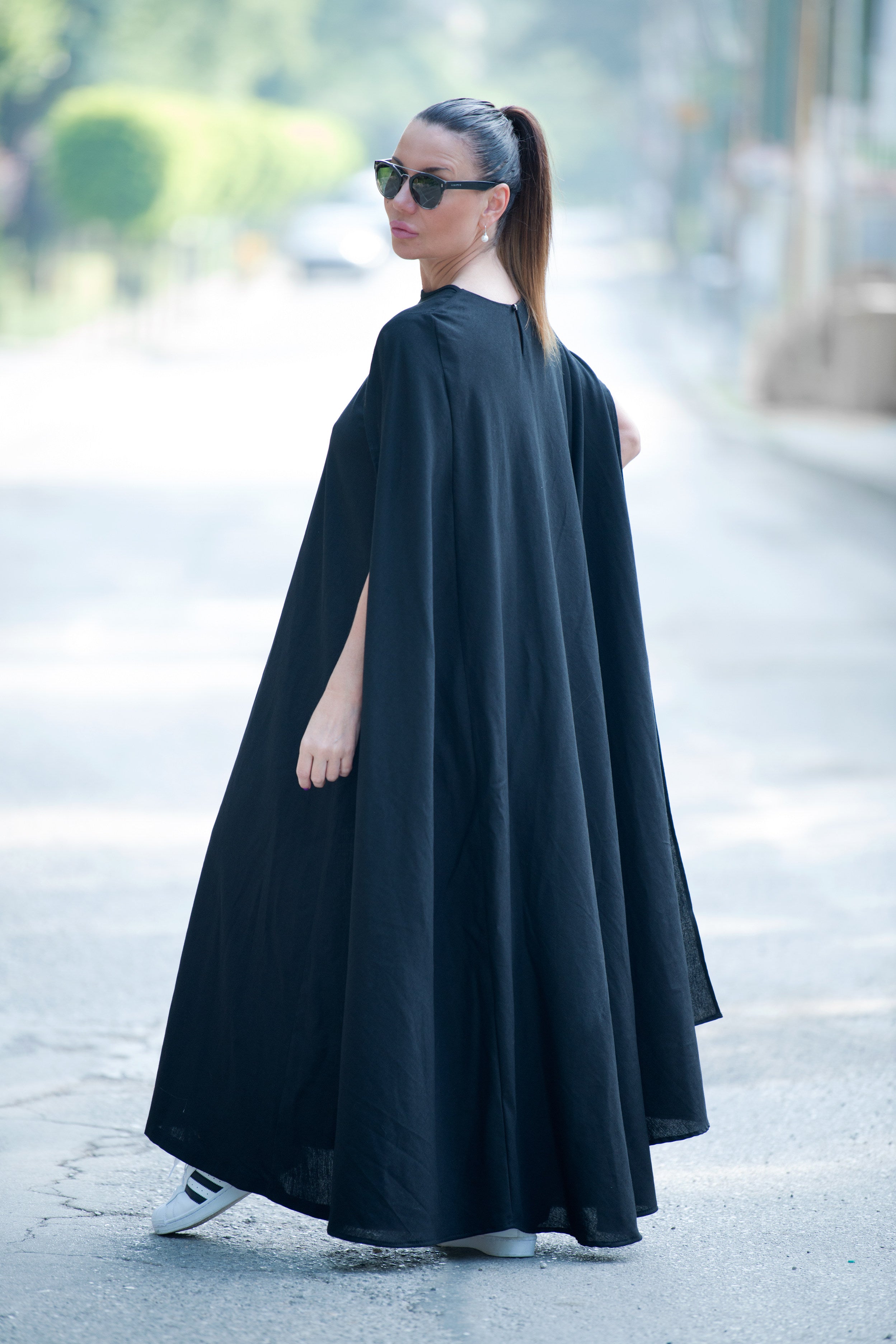 black linen cape dress - EUG fashion #black