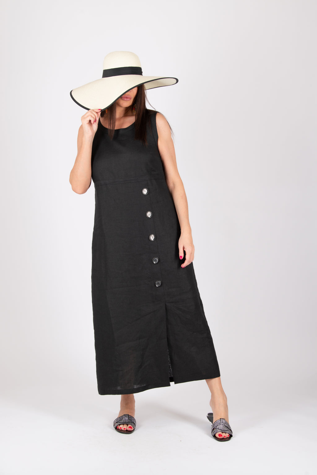woman wearing with black linen dress