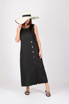 woman wearing with black linen dress
