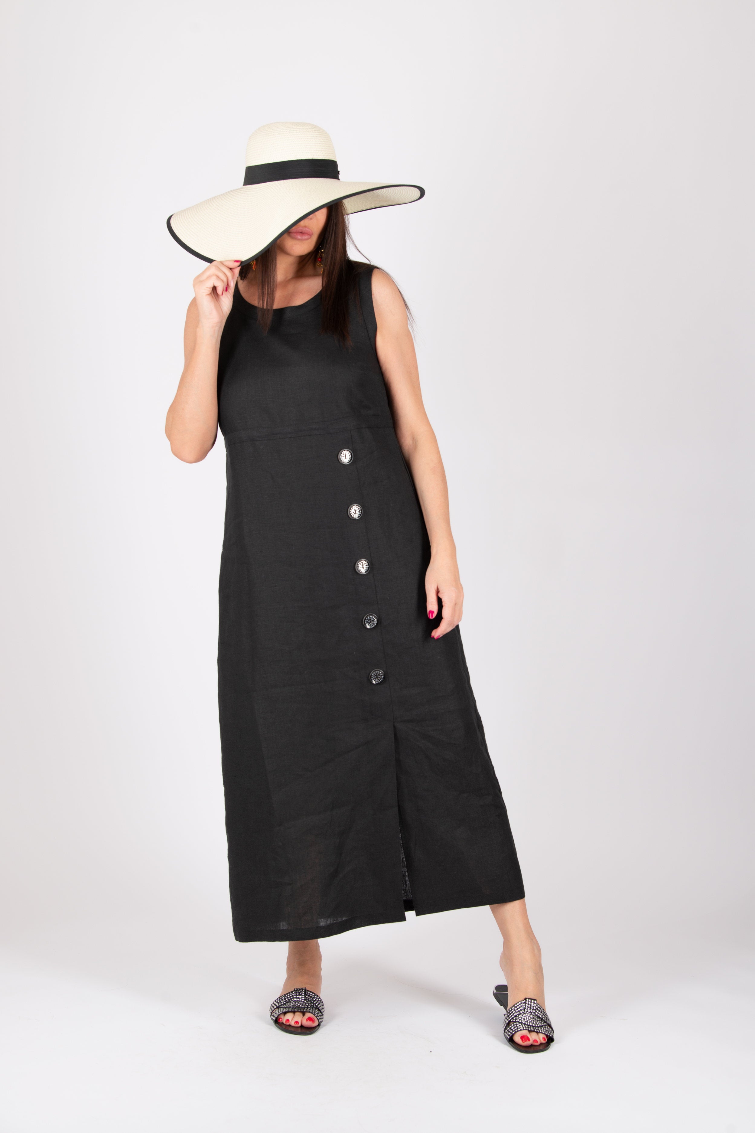 linen strate long dress - eug fashion #black