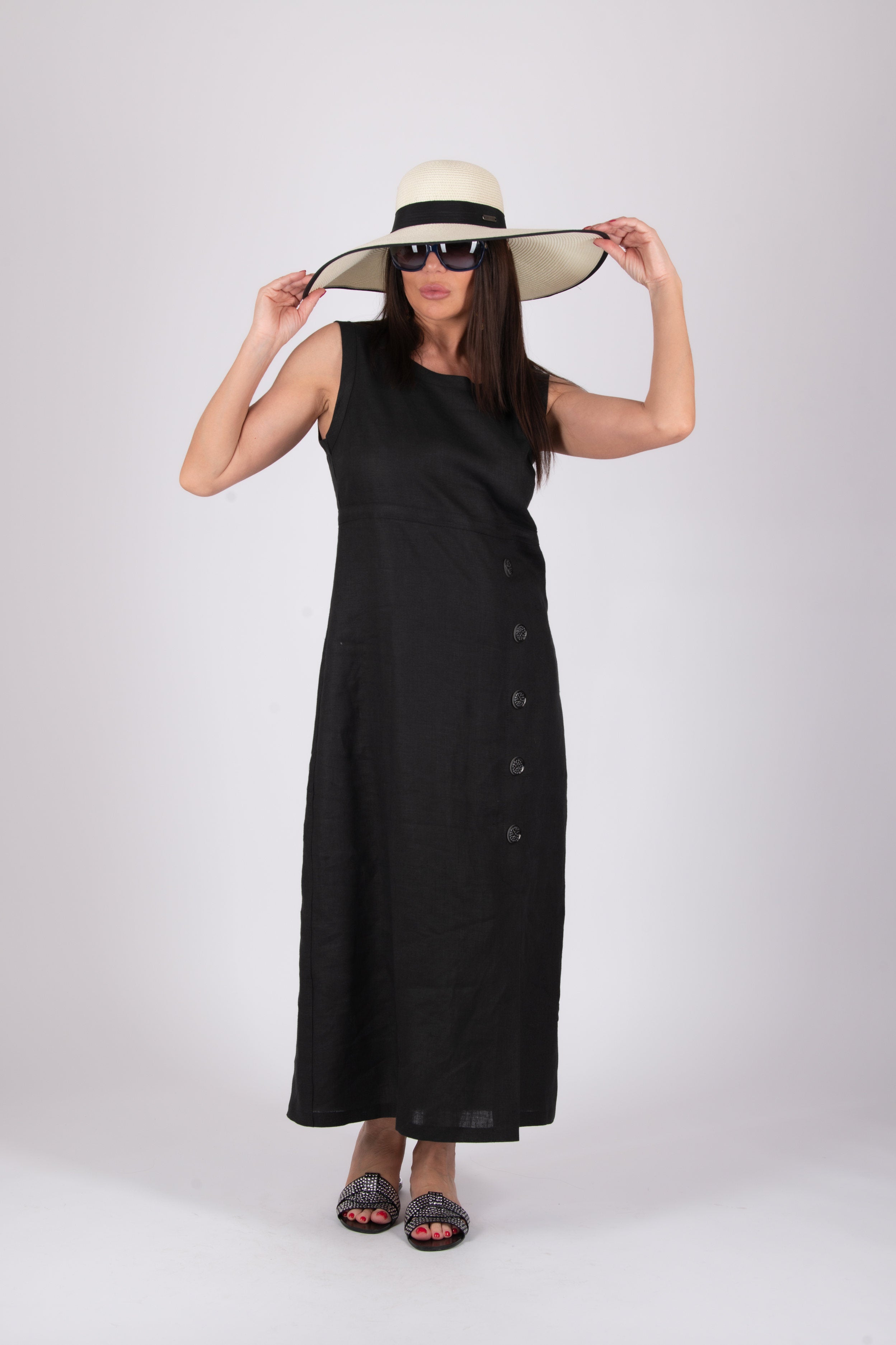 linen strate long dress - eug fashion #black