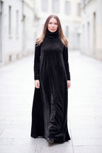 Black shimmer silk velvet A-line dress Vivian with polo neckline - EUG Fashion #black
