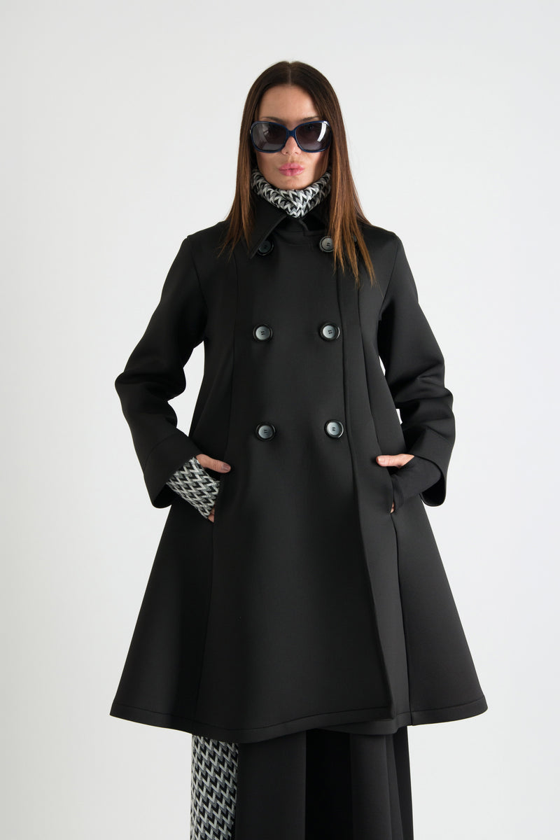Black neoprene A-line blazer coat Kylie double-breasted - EUG Fashion #black
