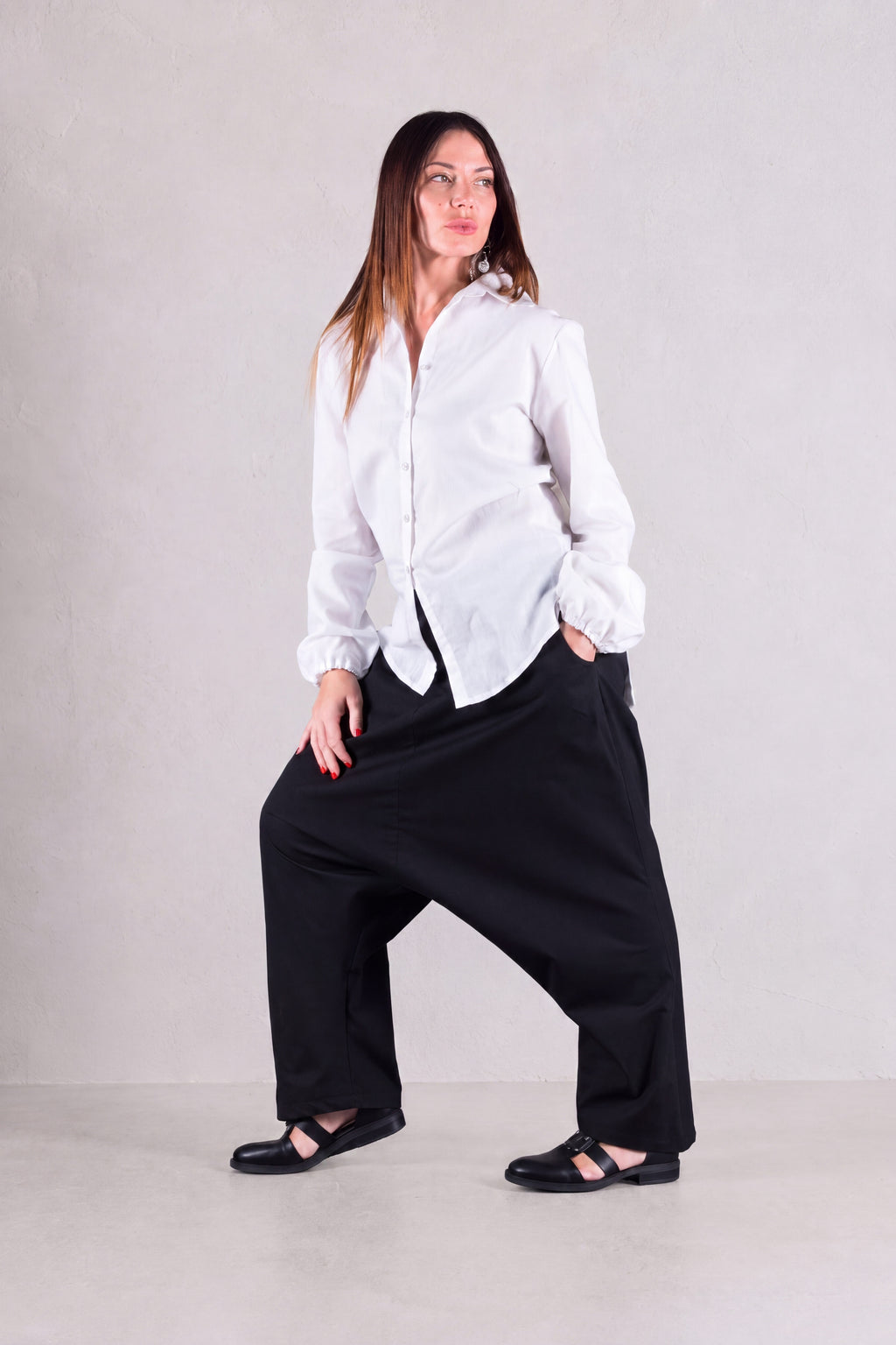 Black cotton drop-crotch pants Kony — EUG Fashion
