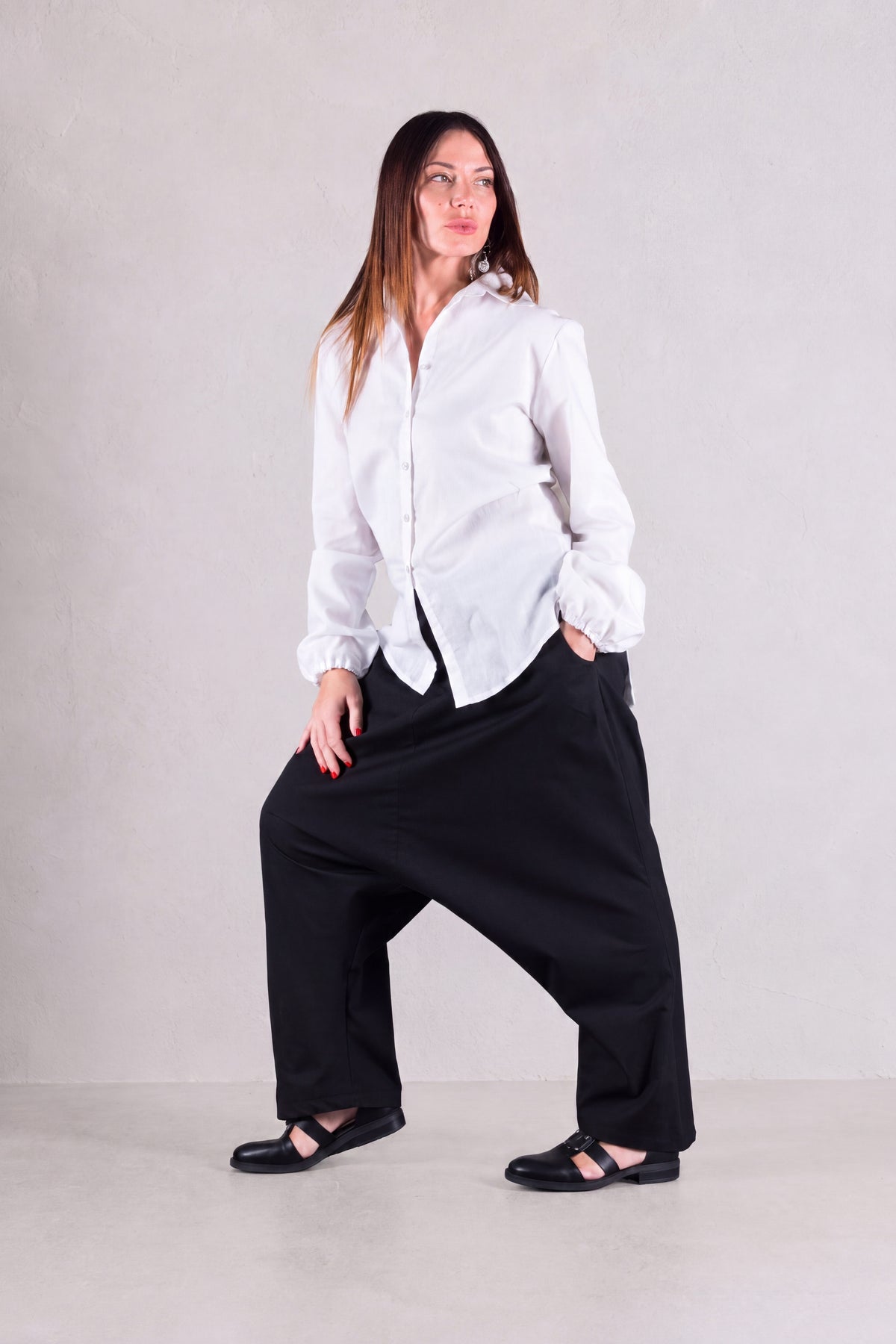 Black cotton drop-crotch pants Kony — EUG Fashion
